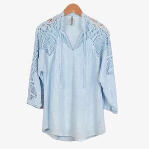 XCVI Embroidered Crochet Lace Top Size Small Tie Neck Cotton Blue Sheer Popover